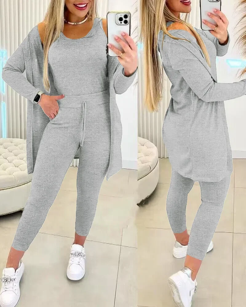 Woman Three-piece Round Neck Sleeveless Tank Top and Drawstring Tight Fit Pants Set with Coat 3ps Sports Suit