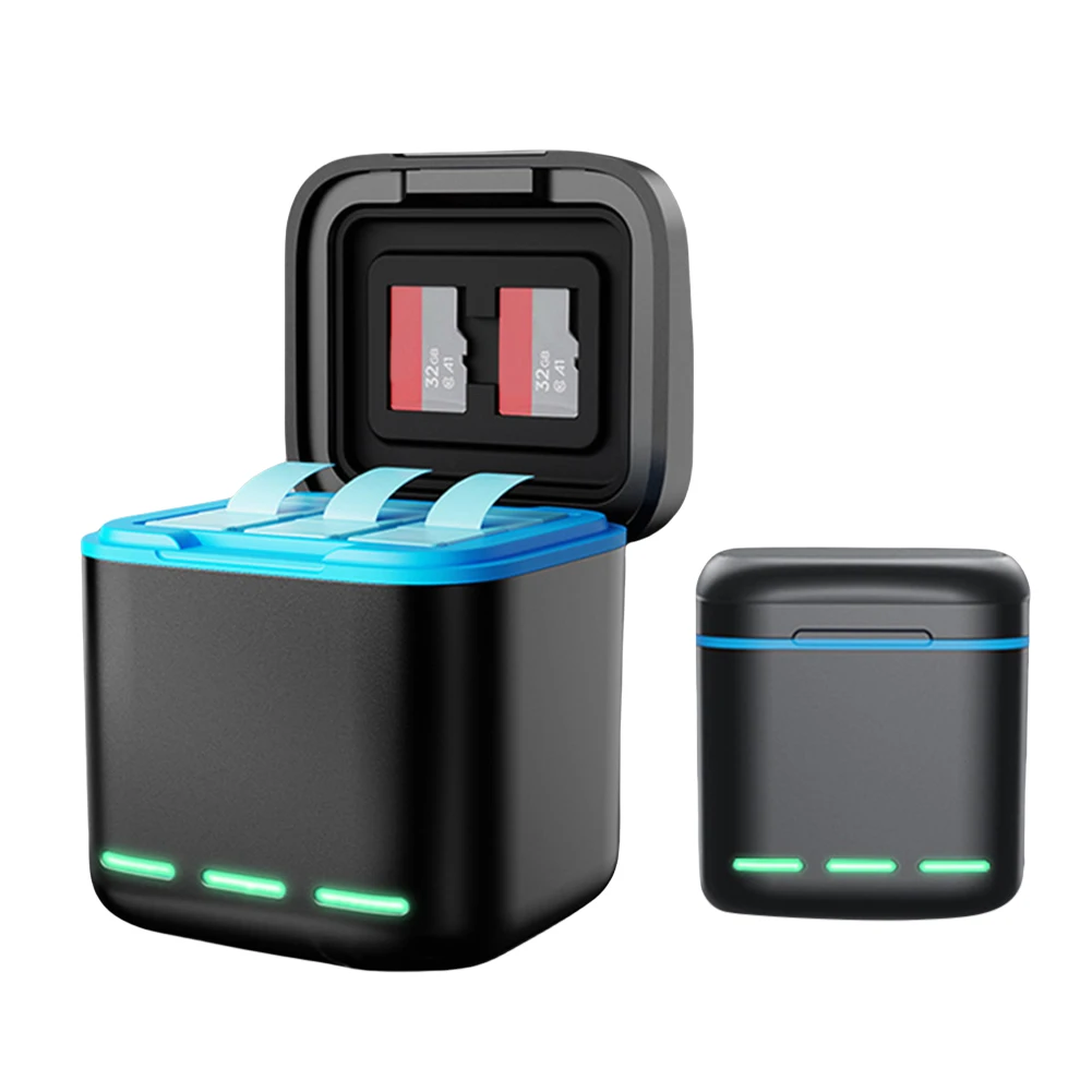 3-Channel Battery Charger with Type C Cable Battery Charger Station 2 SD Slot Storage Charging Box for GoPro Go Pro Hero 8/7/6/5
