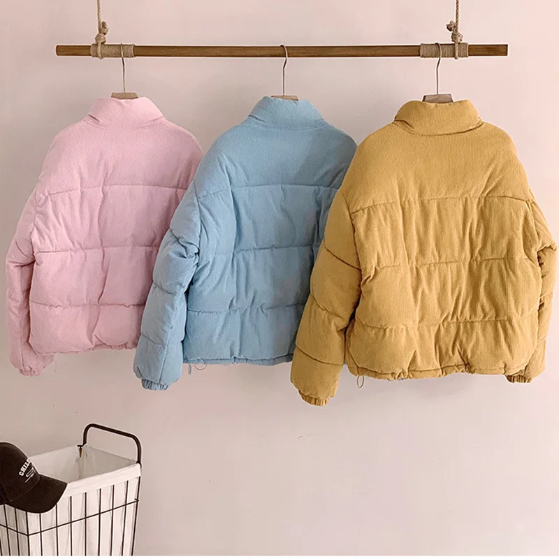 Giacca invernale in velluto a coste di cotone per donna tinta unita coreana colletto rialzato semplice caldo moda casual nuovo cappotto addensato femminile
