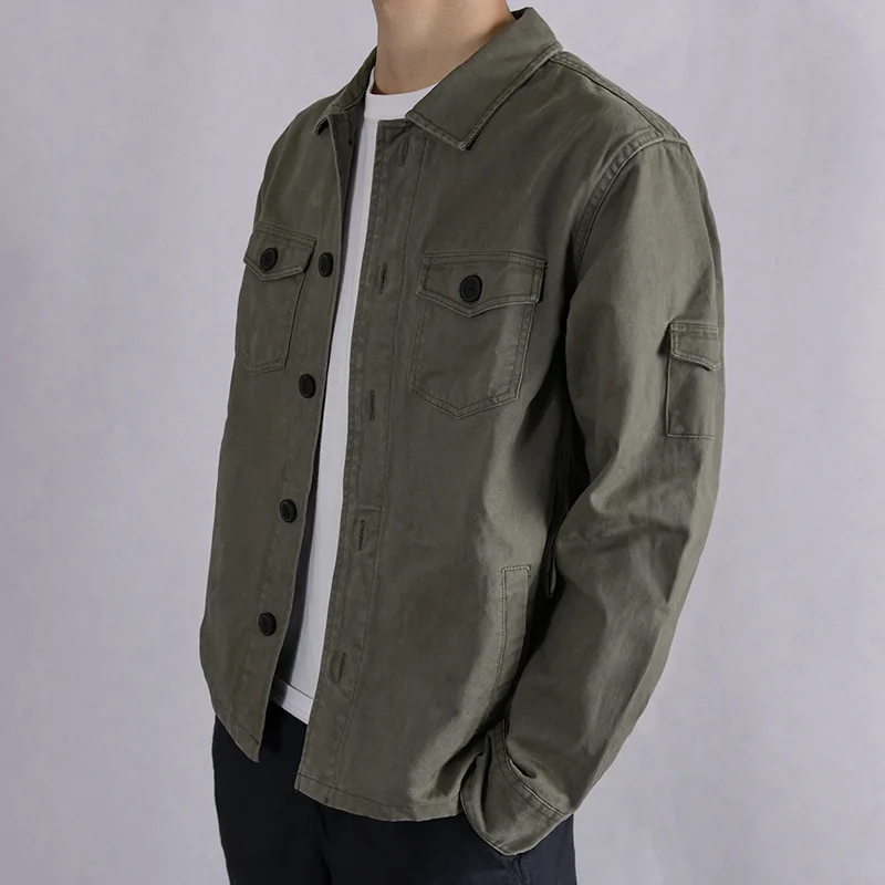 100% Cotton Tooling Japanese Jacket, New Coat Men's Long Sleeve Khaki Shirt, Casual Cotton Comfortable Thick Shirt camping M307