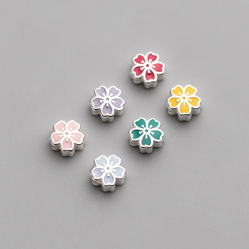 

1pc/lot 925 Sterling Silver Pretty 5 Colors Flower Loose Beads 6x3.5mm Craftwork S925 Silver Beads Spacer DIY Jewelry Bracelets