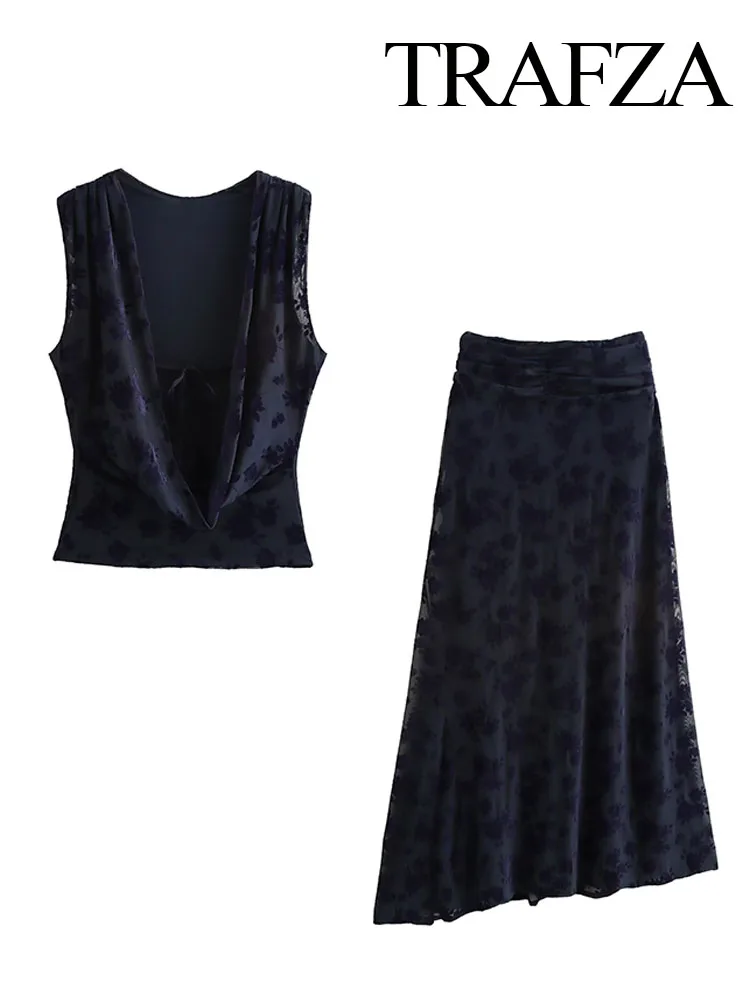 TRAFZA Set da 2 pezzi da donna Elegante pieghe floccate Texture Decora O-Collo Gilet senza maniche Top + Gonna lunga asimmetrica a vita alta