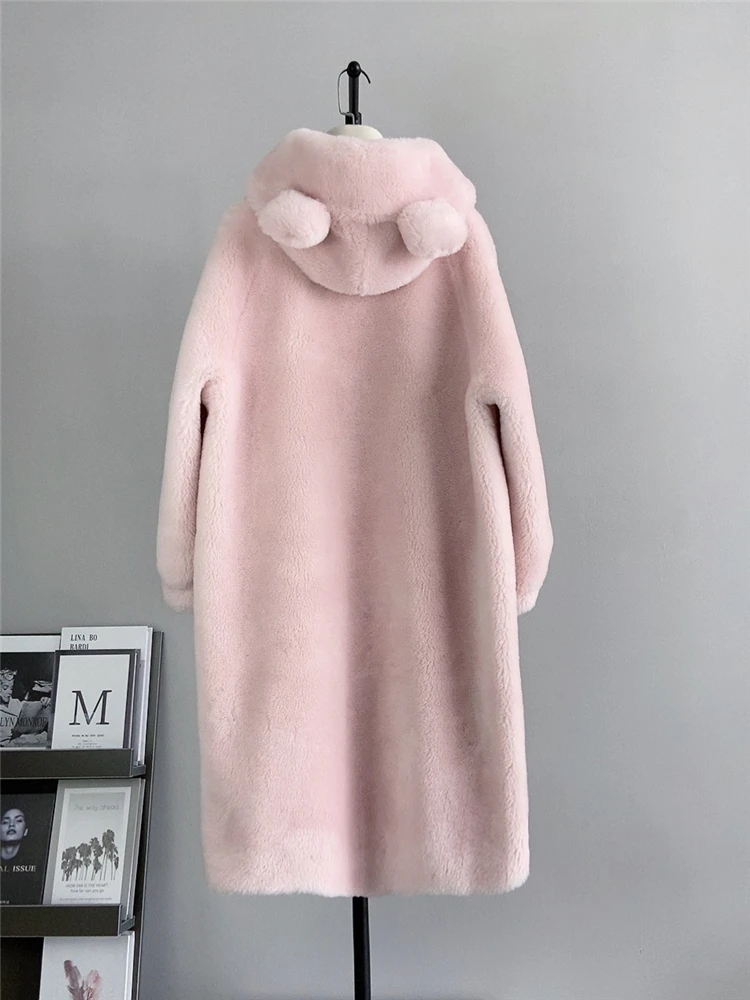 2024 Winter New Ear Hoodie Long Thickened Lamb Wool Granular Fur Integrated Sheep Scissor Fur Coat