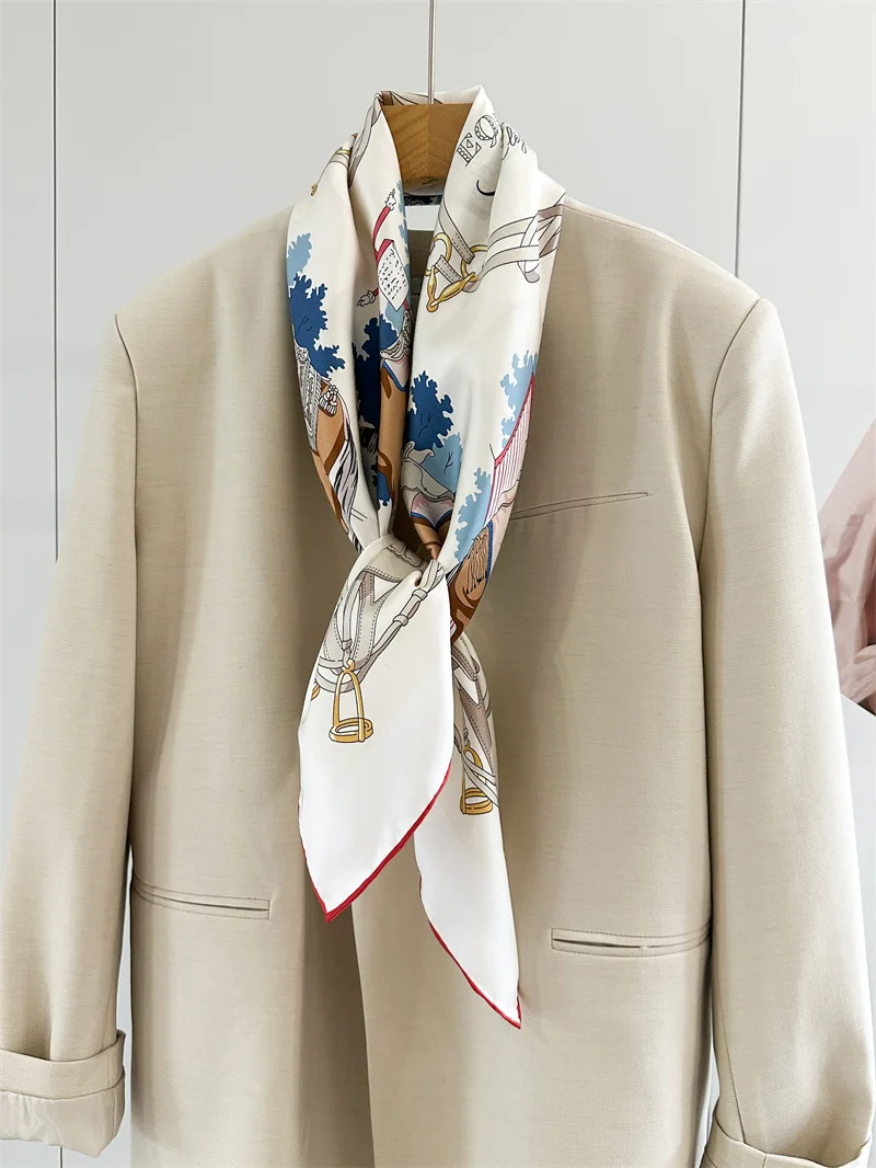 

Двусторонний шелковый шарф с принтом 90 см, люксовый дизайнерский платок с подвернутыми краями, бандана, весенняя шаль, аксессуар для волос и шеи, 35 дюймов