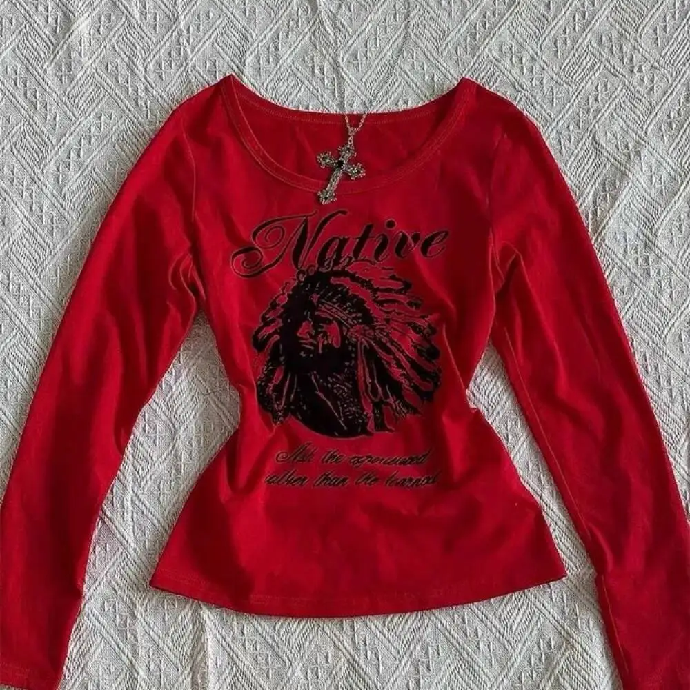 

BabYoung Europe Spice Girls Vintage Y2K Chic Top Female American Minority Literary Streetwear T-Shirt Slim O Neck Goth Shirt