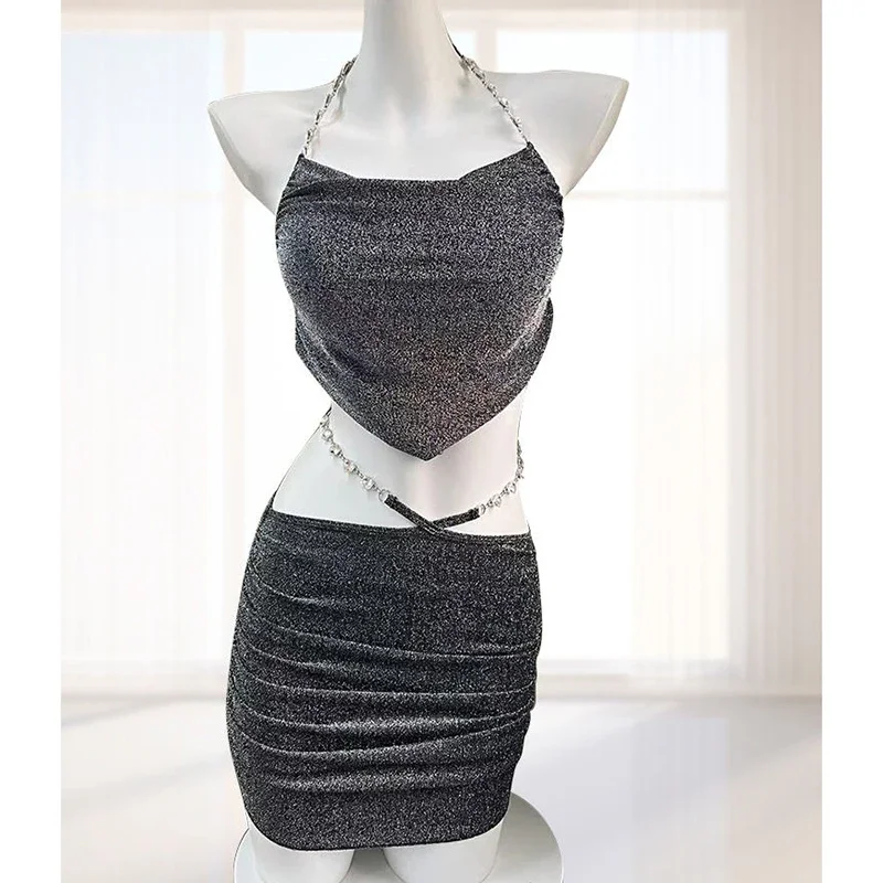 Sexy Bikini Skirt Sets Women Spliced Diamond Halter Crop Top High Waist Mini Skirts Swimwear 2025 New Y2k Fashion 3 Piece Sets