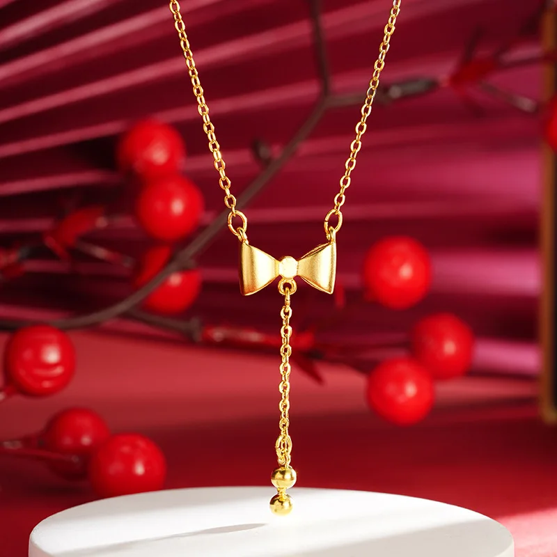 

Luxury 24K 9999 Pure Gold real gold Bow Necklace Women's Wide All-match Light Luxury Tassel Pendant Necklace