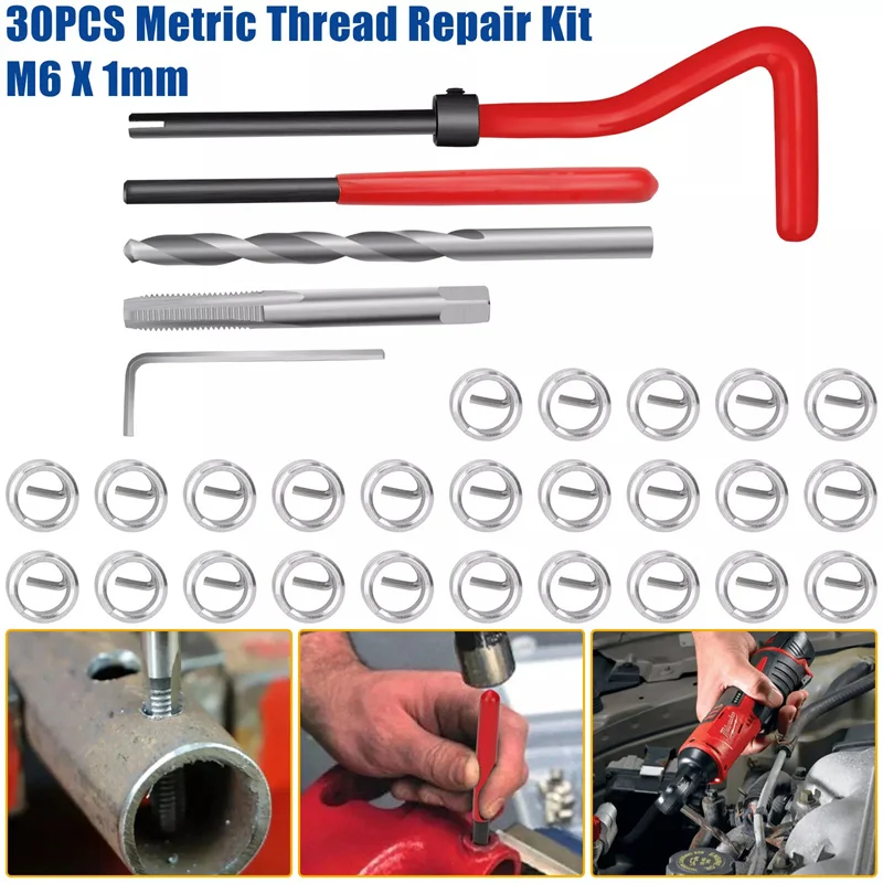 30 Pieces Thread Repair Tool Kit M6 X 1.0mm Twist Drill Bit Screw Thread Inserts For Restoring Damaged Threads Spanner Thread Re