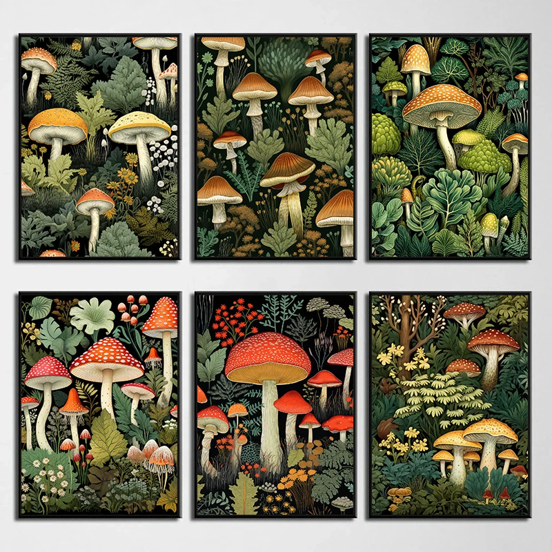 Vintage Mushroom Artwork Posters Prints Jungle Toadstool Canvas Painting Wall Art Pictures for Living Room Home Decoration