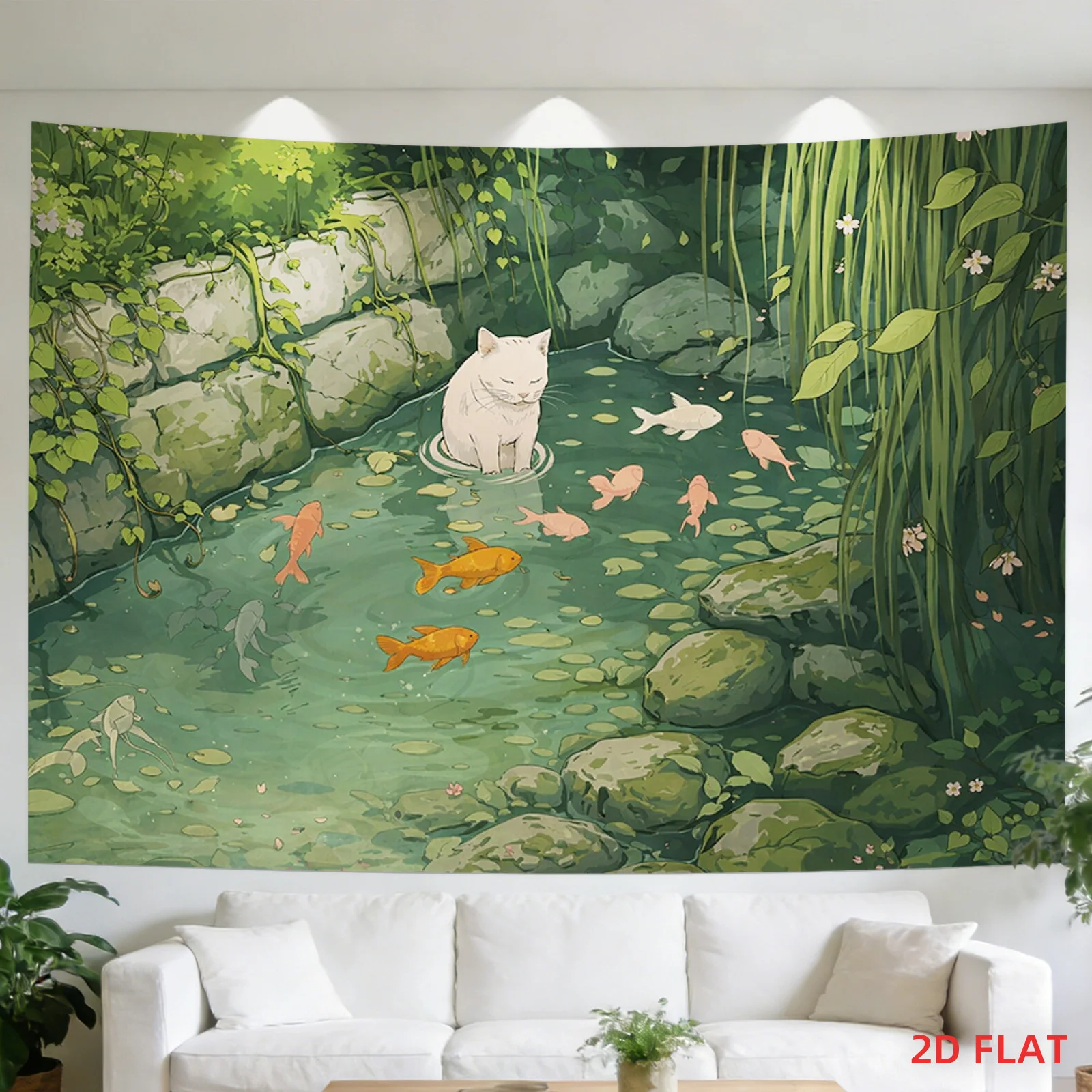 Cat and Goldfish Pond Tapestry Nature Wall Hanging Polyester Fabric Living Room Meditation Office Decor tapestry wall hanging