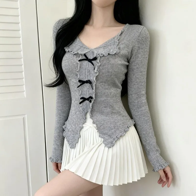 Casual All Match Autumn V Neck Fungus Long Sleeve Cardigan Y2k Slim Fit Bow Appliques Split Sweater Harajuku Basic Sweet Clothes