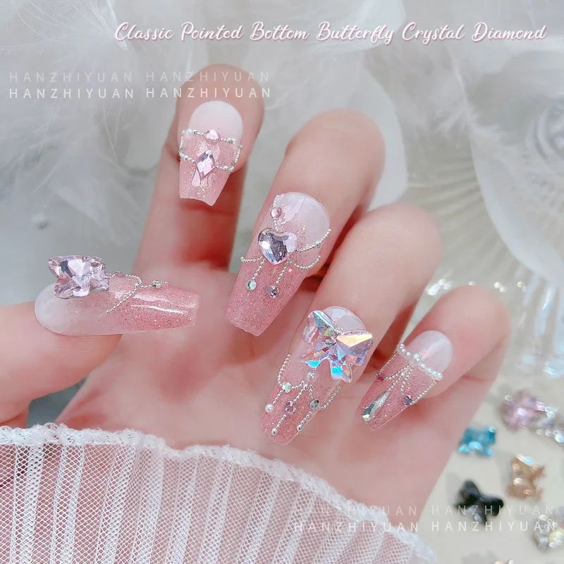 5pcs 네일 라인 석 매력 크리스탈 다이아몬드 활 입체 나비 넥타이 유리 네일 다이아몬드 액세서리