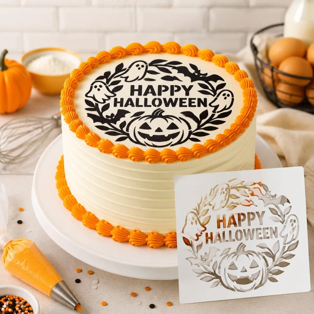 Halloween Hollow Cake Decor Stencils Reusable PET Pumpkin Ghost Bat Pattern for Cookies Fondant Holiday Dessert Decoration