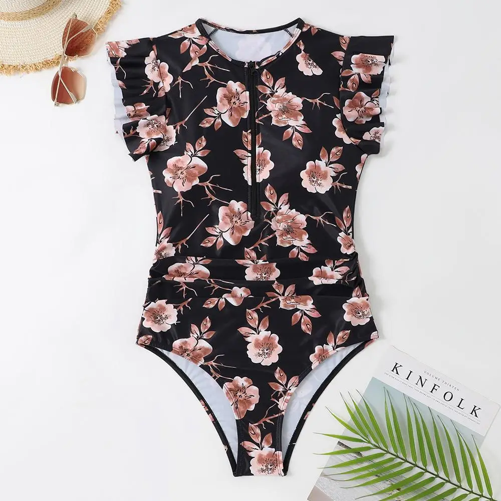 Nadanbao Sexy Bodysuit Swimsuit Women Floral Printing Fashion Swimwear Female Flounce Zipper Beach Party Surfing Beachwear