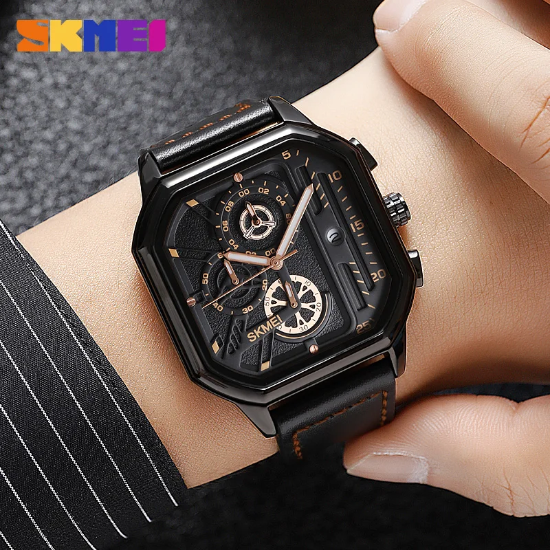 SKMEI Fashion Stopwatch Date Sports Watches Mens Luxury Genuine Leather Strap Quartz Wristwatch Waterproof Clock reloj hombre