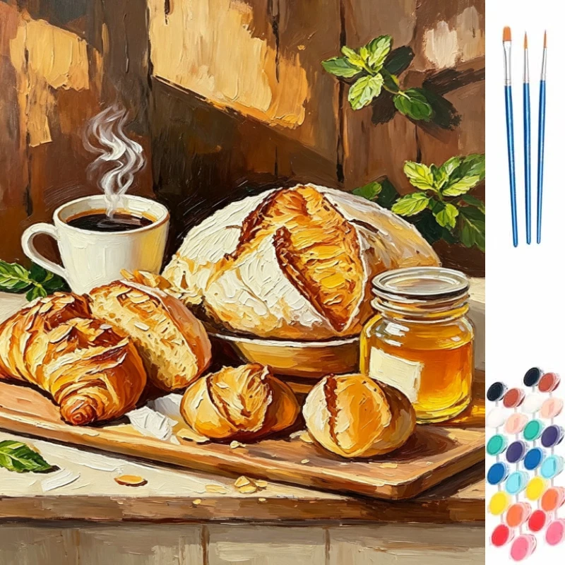 Paint By Numbers Bread and Steaming Coffee DIY Frameless HandPainted Wall Art Coloring Painting for Restaurant Home Decoration