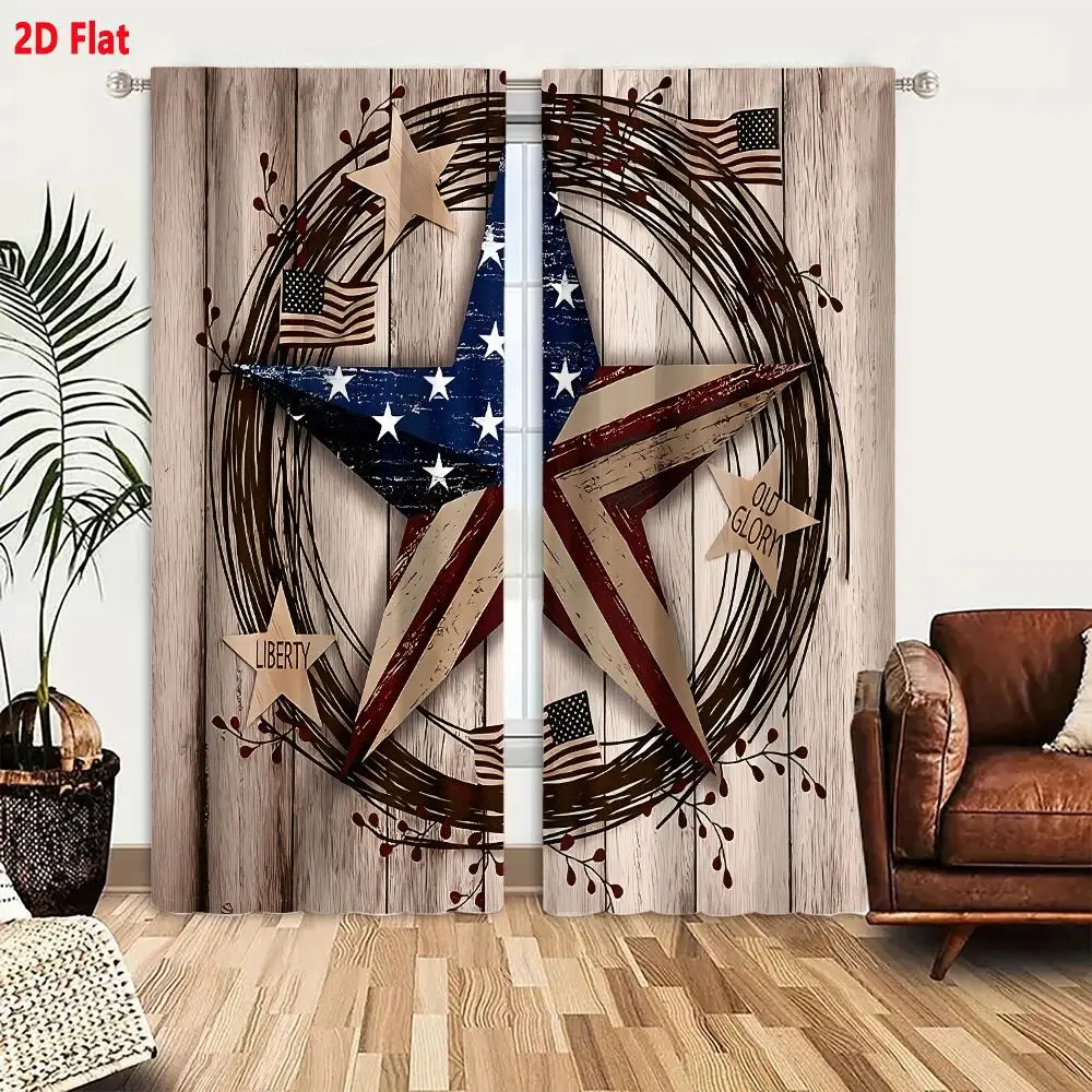 2Pcs Curtains Add 2D Flat Rustic Patriotic Wall Decoration Star With Wreath And Liberty Old Glory Window Drapes for Bedroom Room