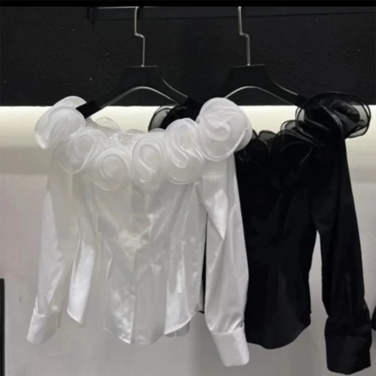 French Retro Three-dimensional Flower Slash Neck Long Sleeve Shirt Girl Spring Fashion Versatile Loose Age-reducing Sweet Top