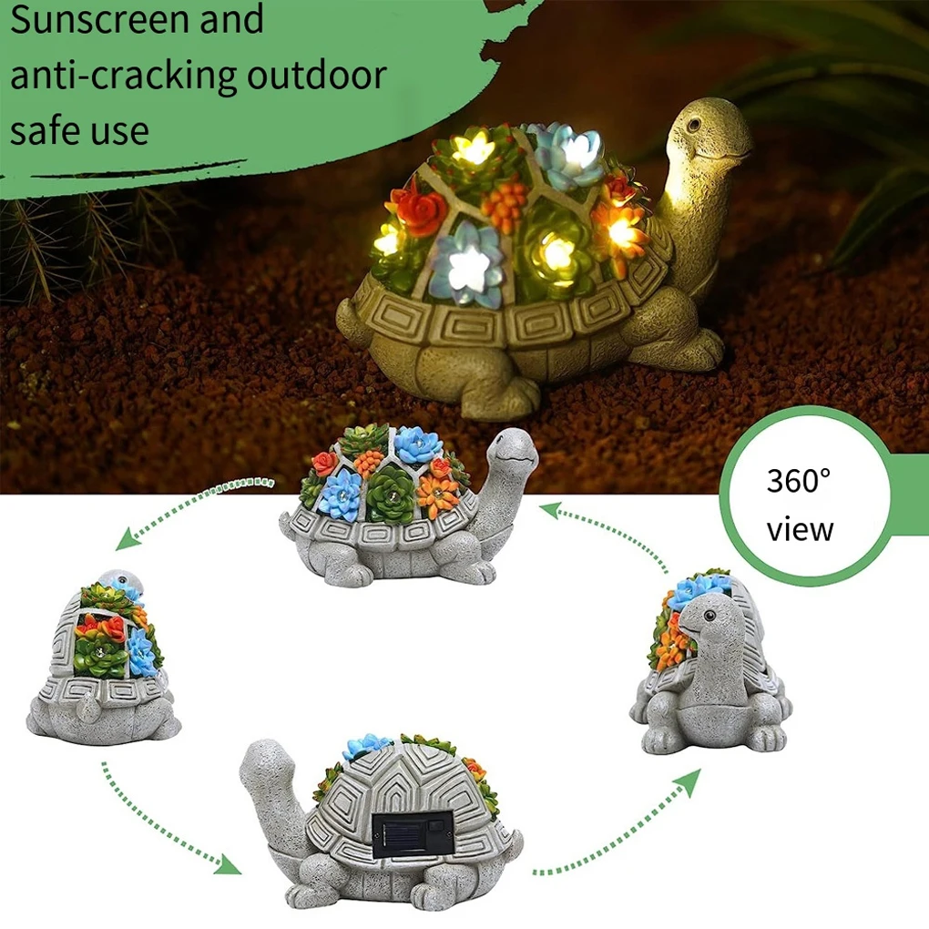 Tortue Solaire d'Extérieur avec Lumières LED, Statue de Jardin avec Fleurs Succulentes, Ornement de Cour de délégations