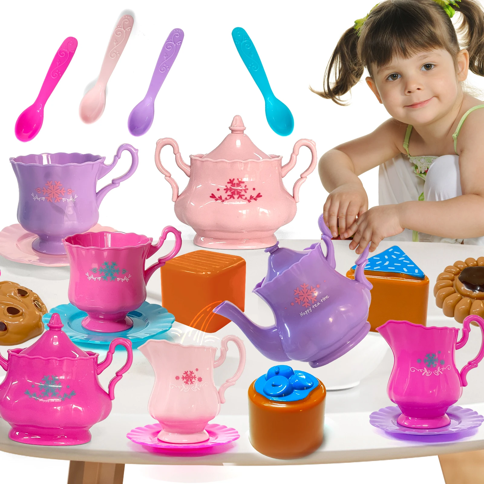 Servizio da tè per bambine, set da tè, set da tè per i più piccoli, incluso bollitore, biscotti, cibo per bambini, regali per ragazzi e ragazze