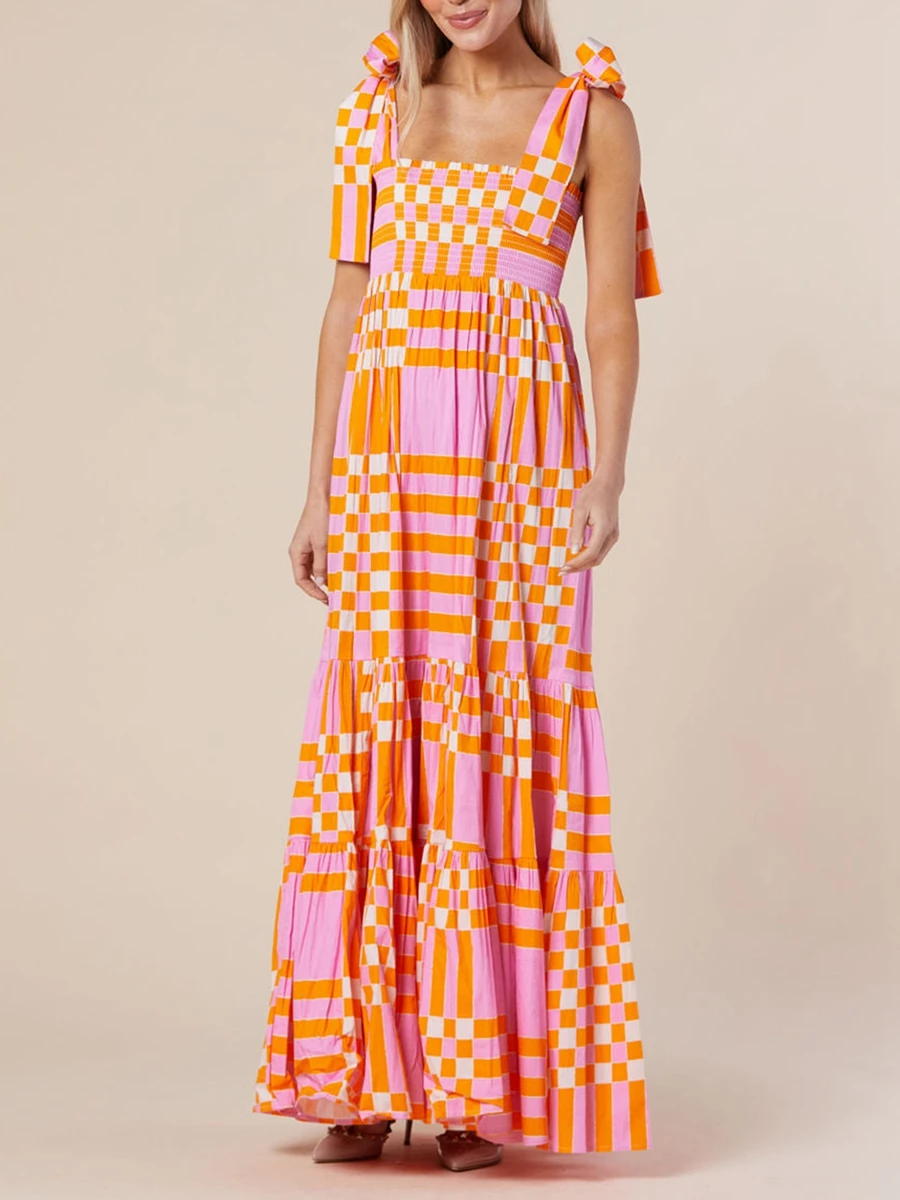 

Edhomenn 2024 Women Print Cami Dress Tie-Up Shoulder Straps Sleeveless Long Dress Backless Casual Beach Dress Flowy Summer Dress