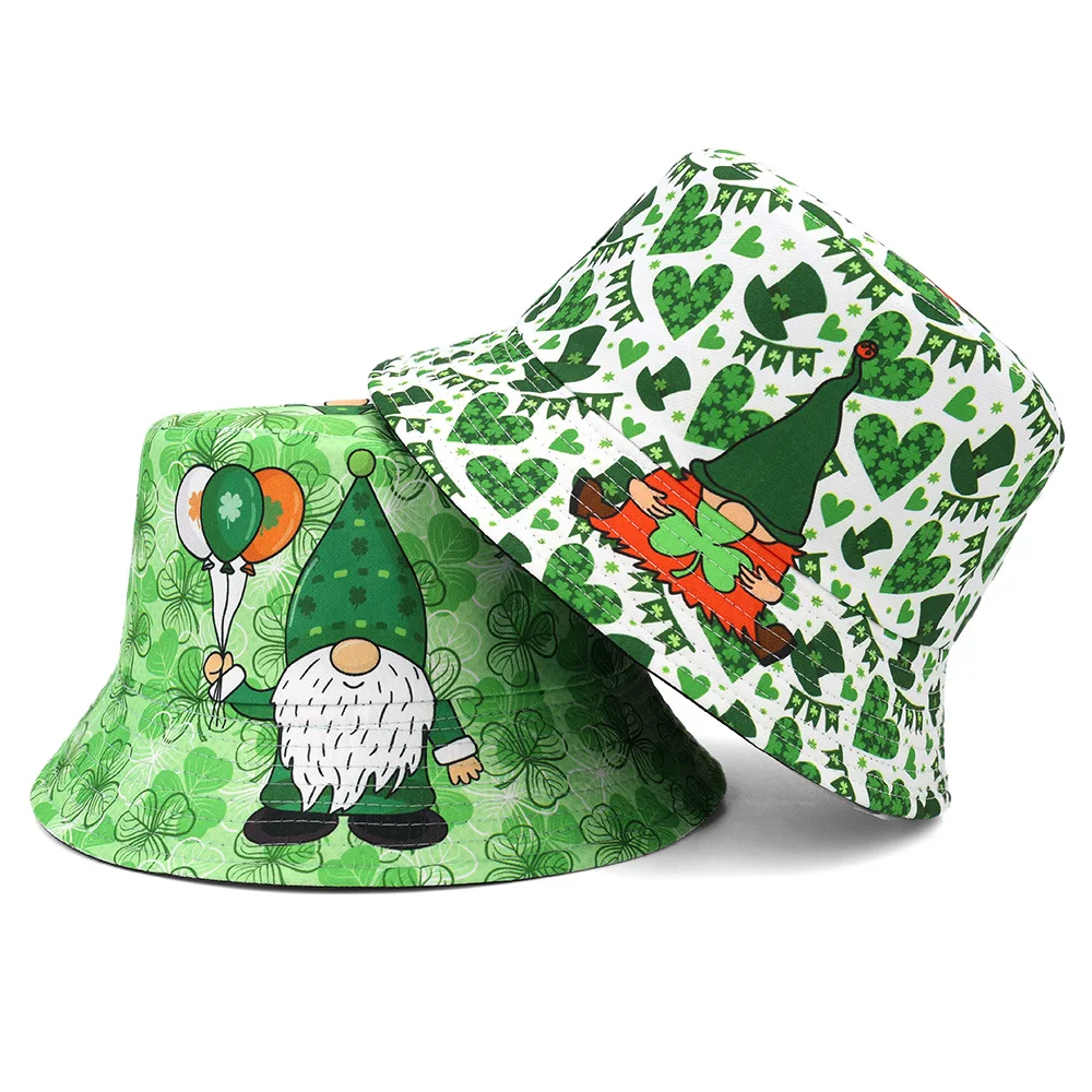 St. Patrick's Day Green Hat Ireland Clover Print Bucket Hats for Women Men Festival Party Fisherman Cap Summer Sunscreen Panama