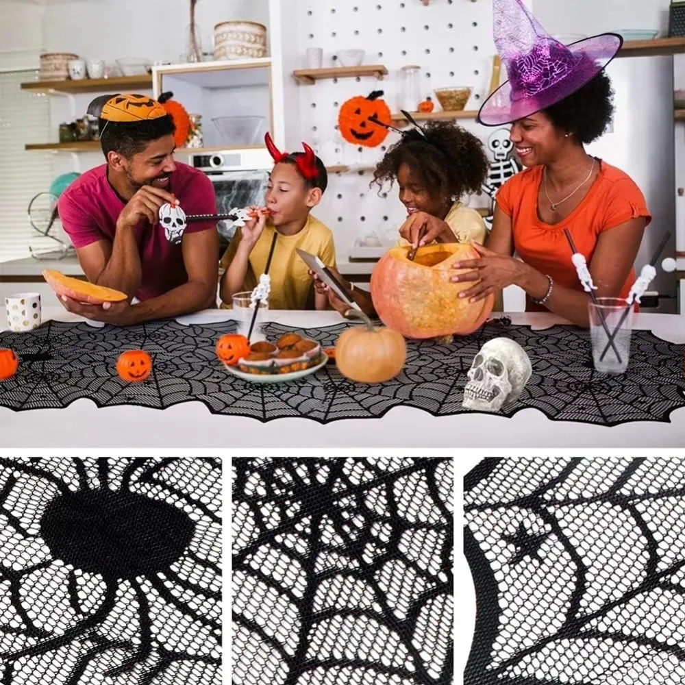 Translucent Spider Web Black Lace Table Runner with Spider Pendant Mesh Gothic Lace Tablecloth Long Strip