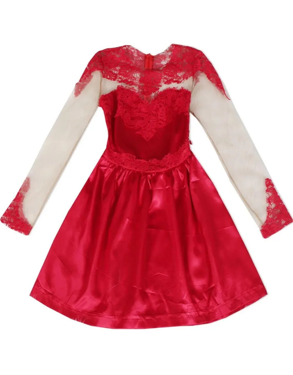 فستان قصير برقبة عالية وأكمام طويلة مزين بالدانتيل على شكل حرف A فساتين فيستدوس