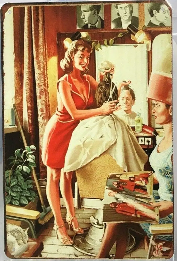 Retro Vintage Pin Up Girl Barbershop Metal Tin Sign Home Bar Cafe Retaurant Wall Decor Signs 12x8inch sign
