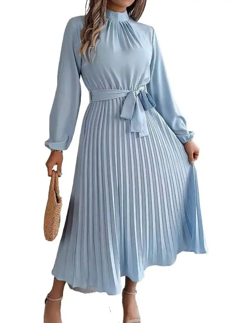 Sve plissado feminino cor longa rua sle cintura cinched saia evasê outono temporada faion