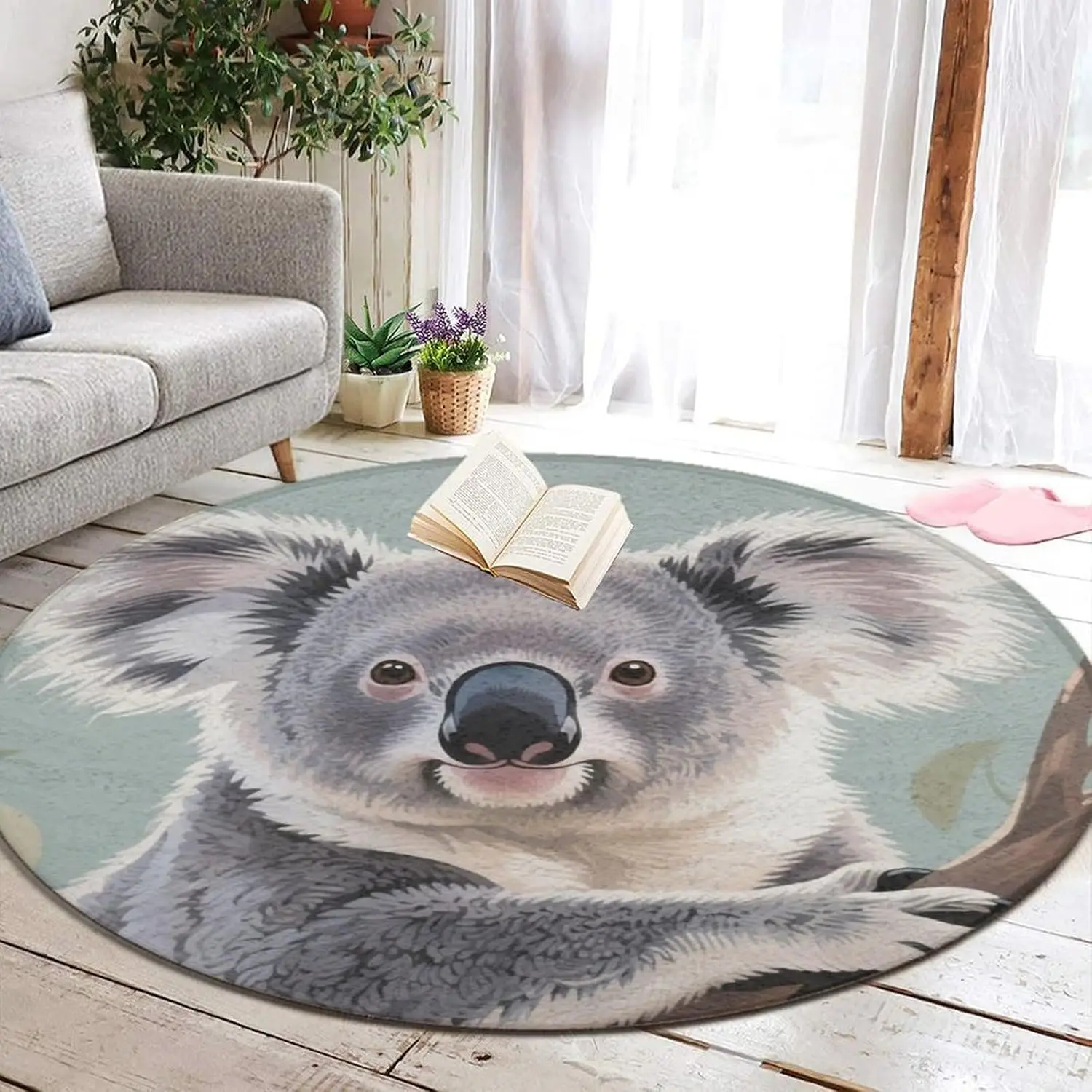 Cute Round Koala Reading Book Area Rug Soft Fluffy Plush Pet Mat Living Room Carpet Throw Blanket Boho Home Decor Accent Mat
