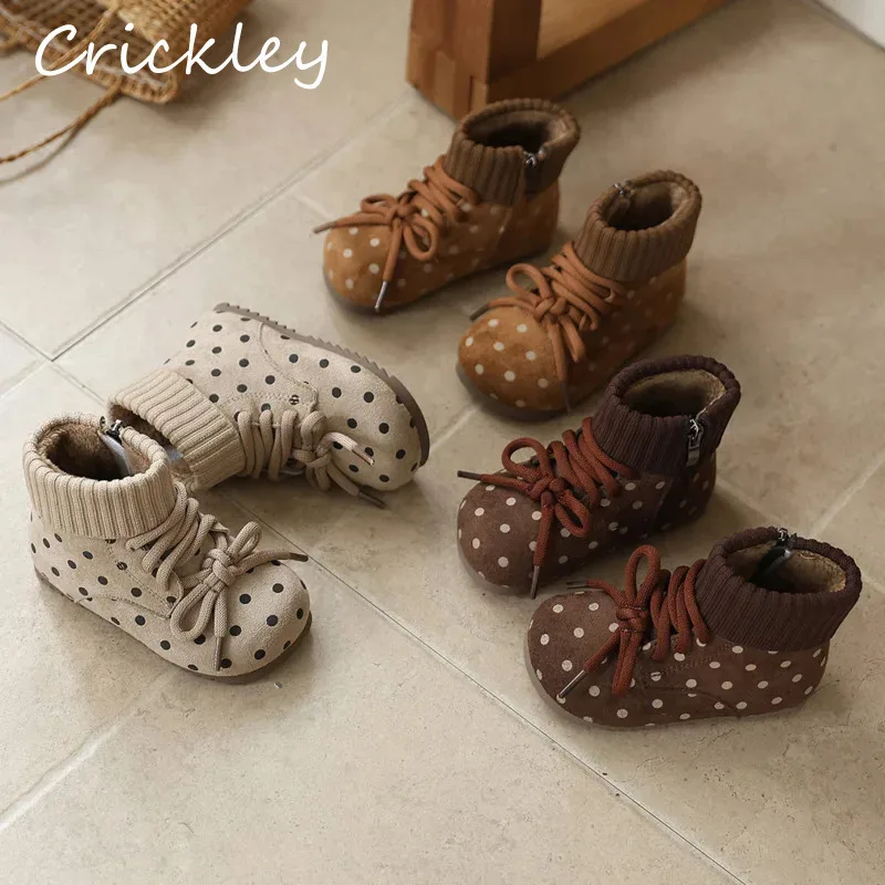 

Dot PU Leather Girls Fashion Boots Winter Fleece Cotton Warm Children Vintage Boots Suede Zip Soft Toddler Kids Ankle Shoes