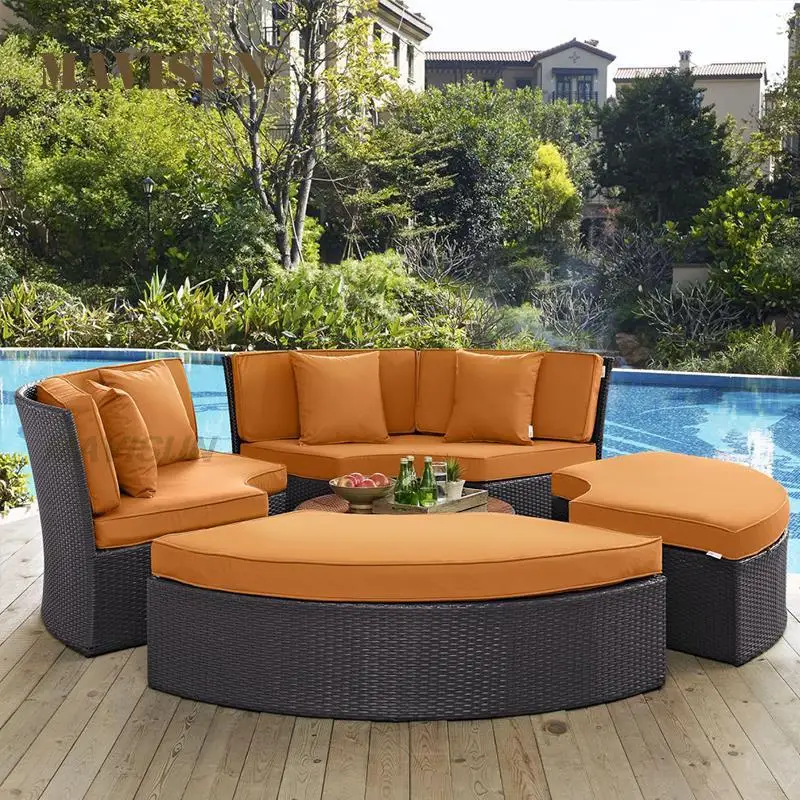 Splicing Recliner With Coffee Table Round Outdoor Sofa That Can Shade Rattan Leisure Chair Combination