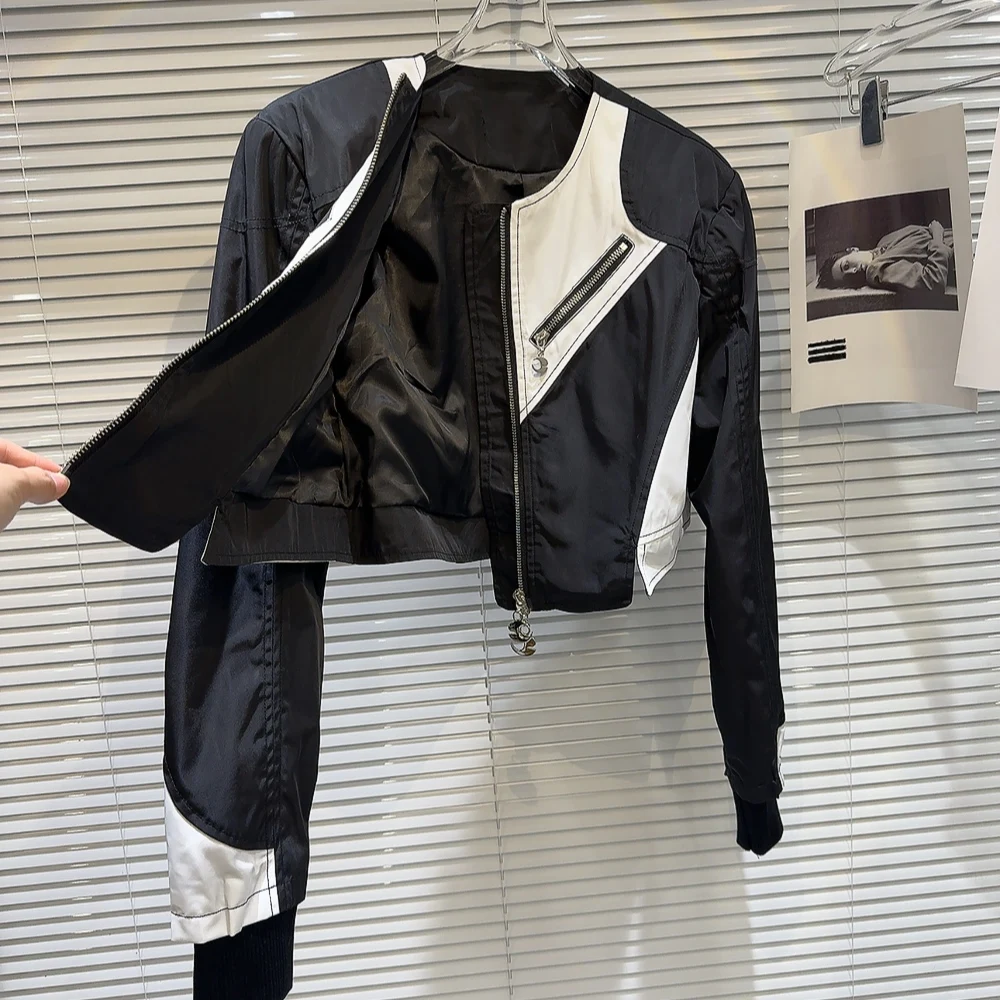 Street Sle Metal Zipper ort Jaet Women's Faion Trend Bla White Contrast Spicy Girl Outerwear Autumn New Arrival
