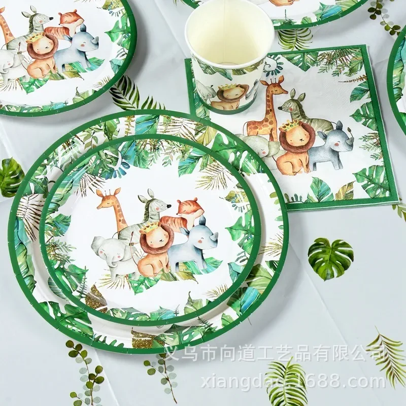 8Guests Forest Animals Disposable Tableware Jungle Safari Elephant Giraffe Lion Plate Wild Animals Kids Happy Birthday Decor