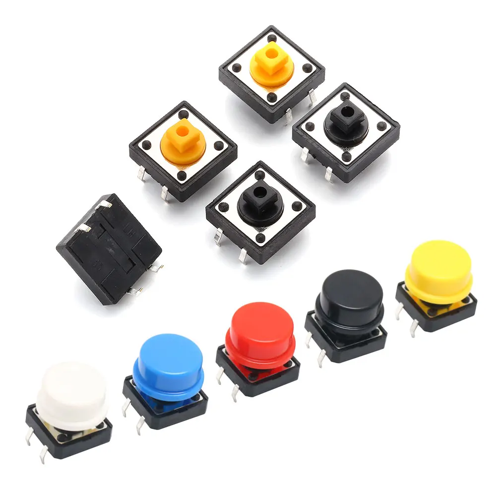 Bouton poussoir tactile momentané avec kit, micro-interrupteur, blanc, noir, jaune, bleu, rouge, 12x12x7,3mm, 12x12x7.3mm