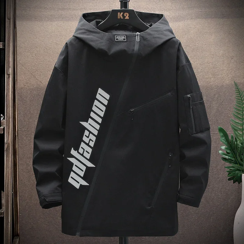 

Men’s Harajuku Streetwear Hooded Hip Hop Jacket Loose Fit Zip-Up Windbreaker Spring Autumn Casual Short Bomber Coat