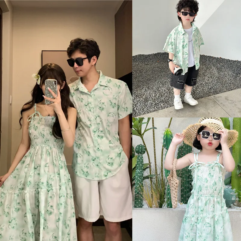 

Beach Family Vacation Matching Clothes Mother Daughter Green Smock Dresses Father Son Holiday Shirts Mom Dad and Children Outfit