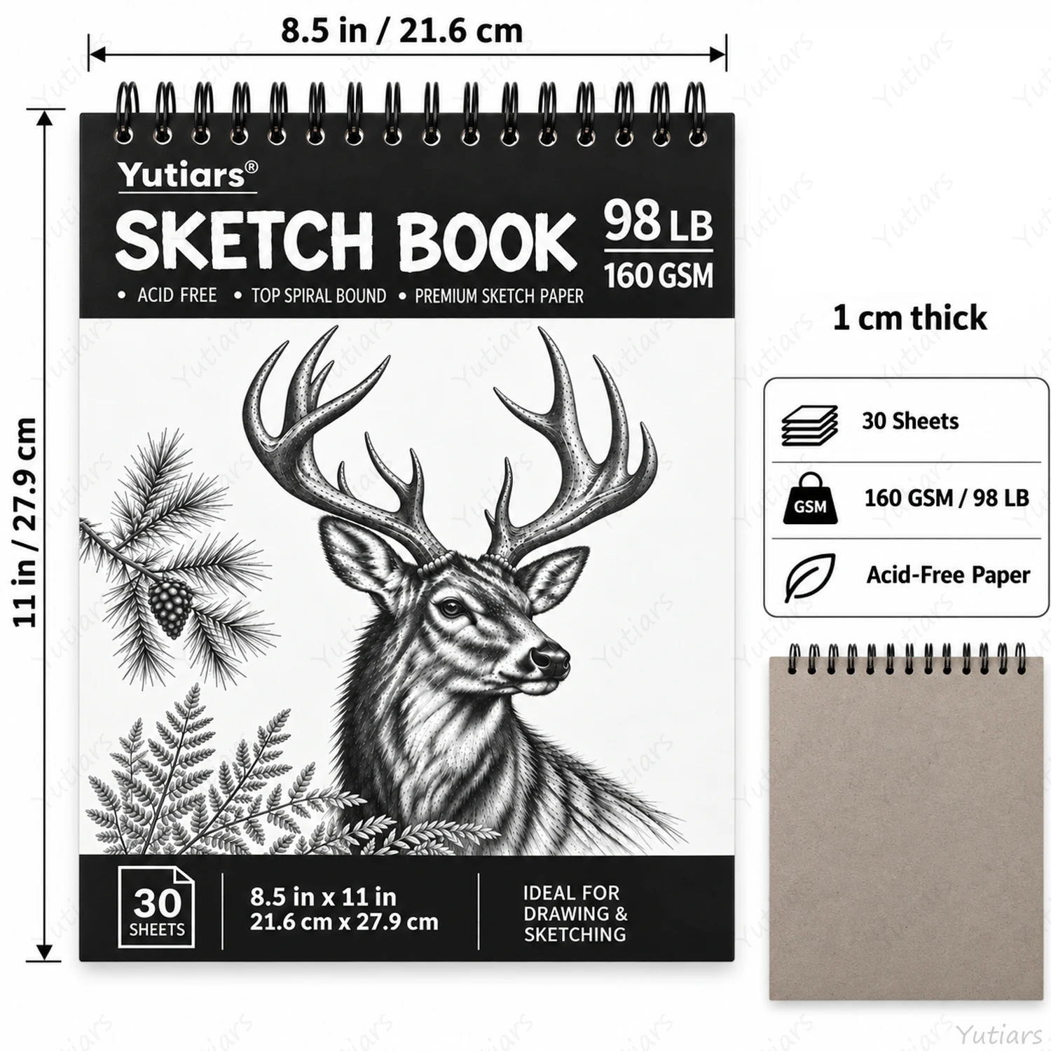 30 Sheets Sketchbook, Spiral Bound Drawing Pad, 160 GSM Acid-Free Sketch Paper for Pencil Drawing, Sketching and Art Practice