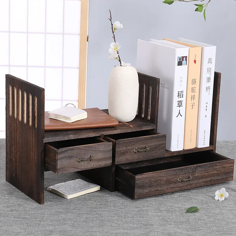 Retro Solid Wood Carved Design Desktop Bookcases Combination Design Adjustable Space Desktop Storage Frame With Drawers