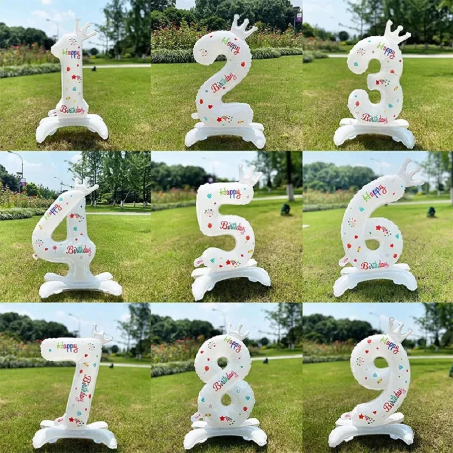 1pc 32 inch  White number Standing Aluminum Film Balloon Printed Happy Birthday with Crown for Birthday Party anniversary