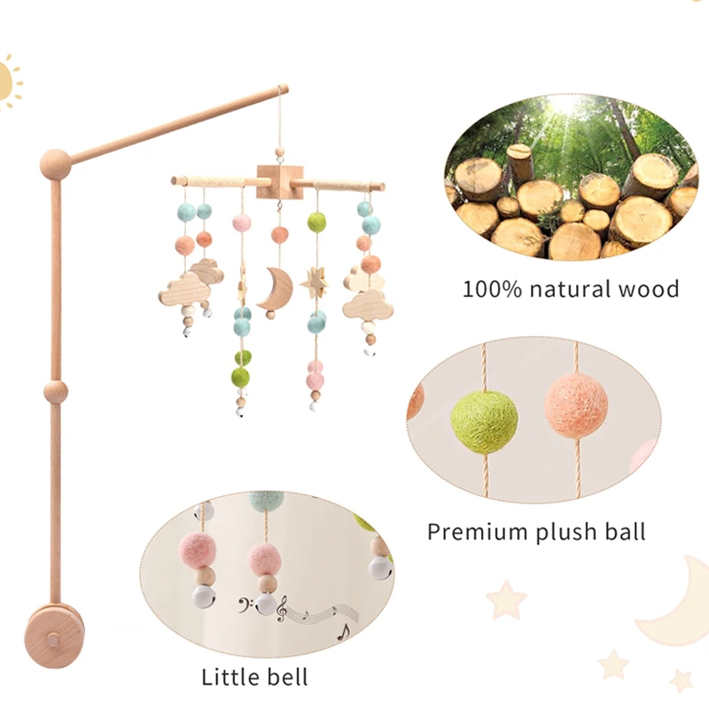 3pcs/Set Baby Bed Bell Star Moon Shape Wooden Mobile Holder Arm Bracket Music Box Infant Musical Toys Crib Decoration Birth Gift