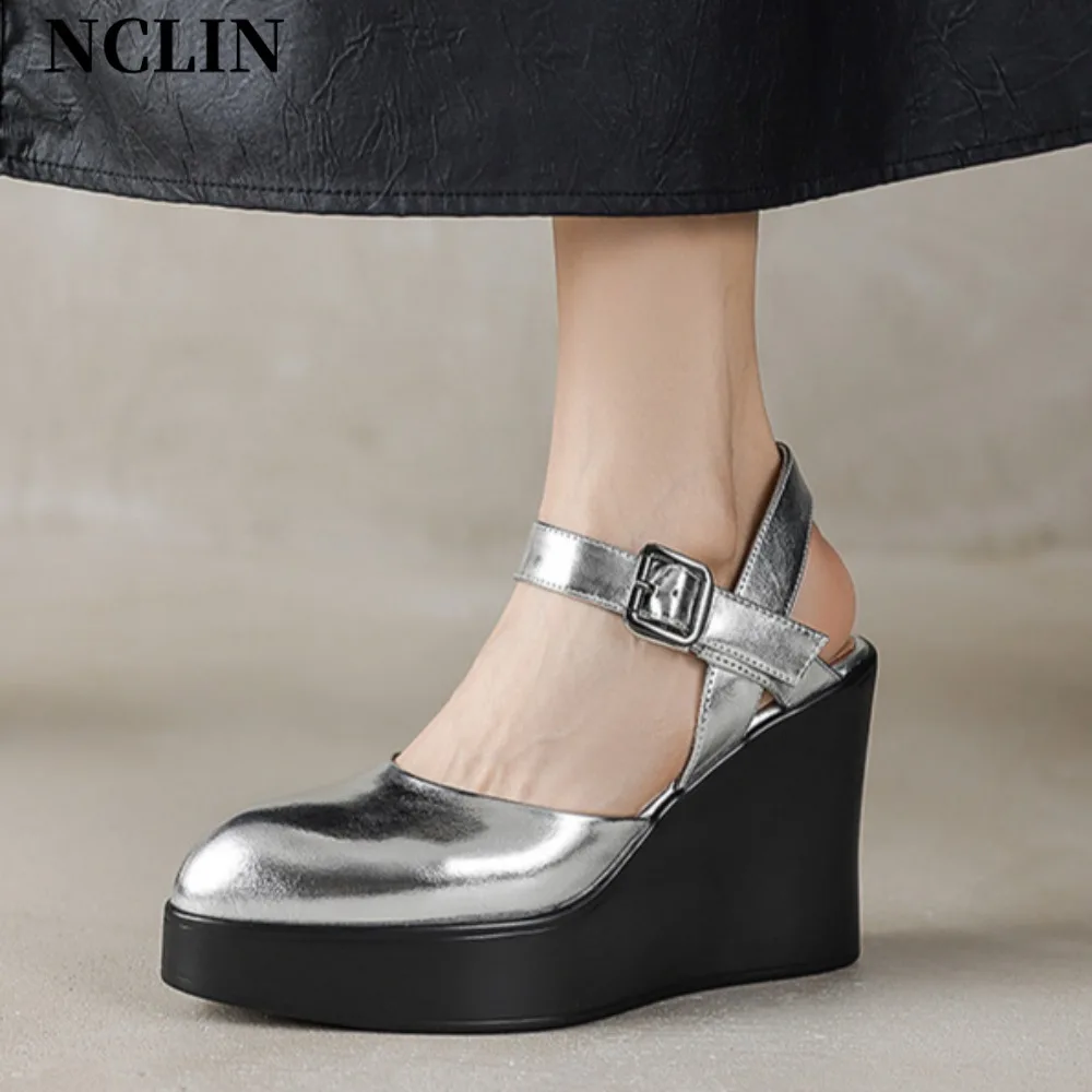 

2025Fashion Summer Silver Women's High Heels Pointed Toe Sandals Platform Buckle Strap Wedges Back Open Heel Ladies Shoes 10.5cm