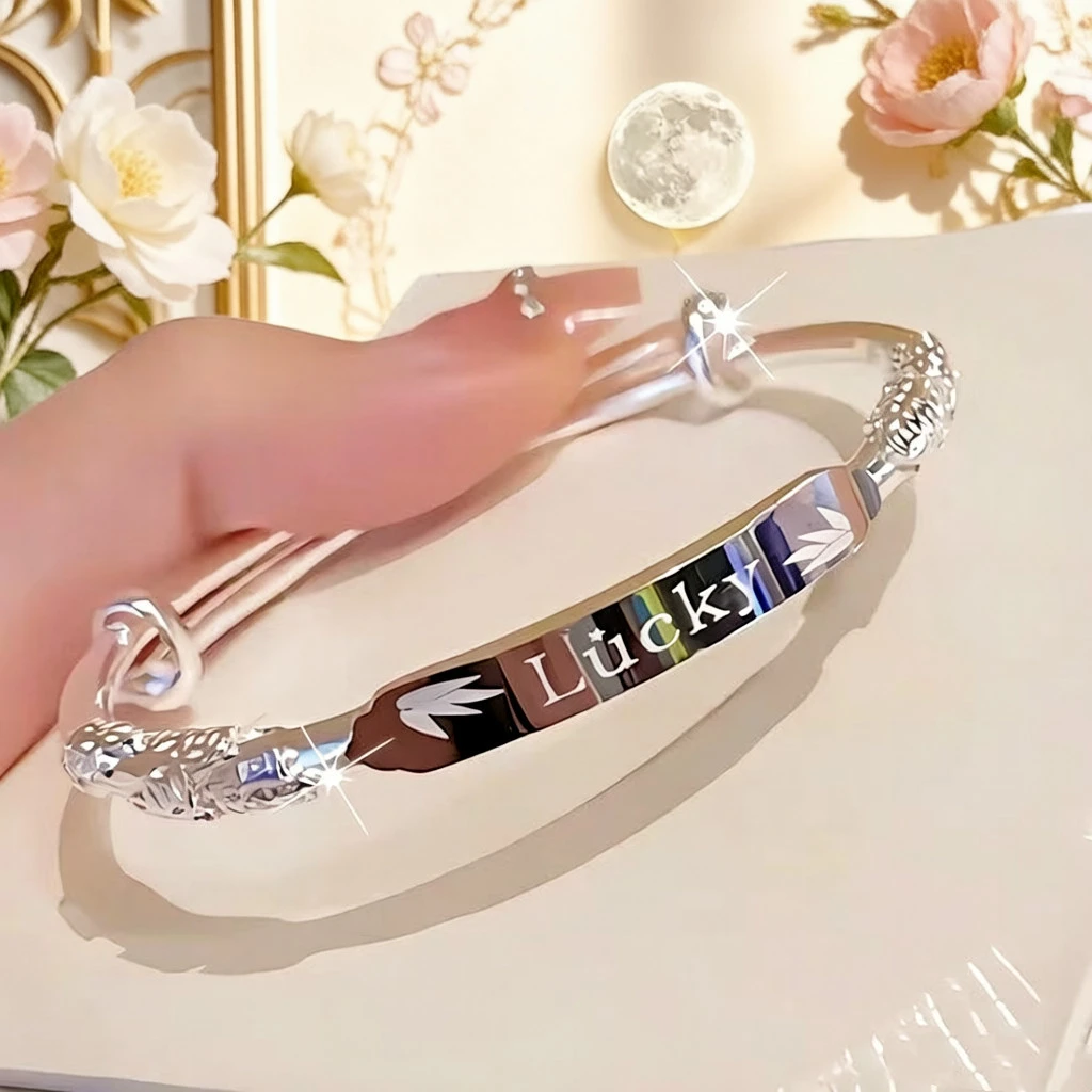 OUYADI 999 Sterling Silver Adjustable Slide Bangle for Women, Lucky Letter & Bamboo Leaf Engraved Silver Bracelet Gift