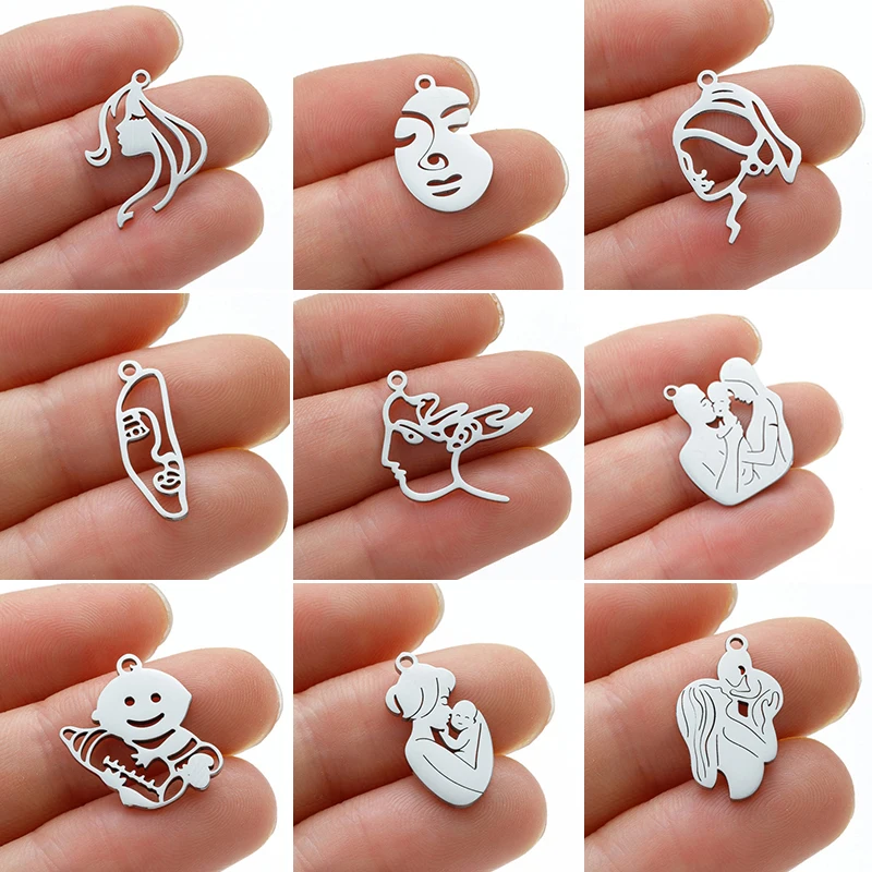 5pc/lot 100% Stainless Steel Breastfeeding Charms Wholesale Unique Female Art Face Necklace Connector Family Jewelry DIY Pendant