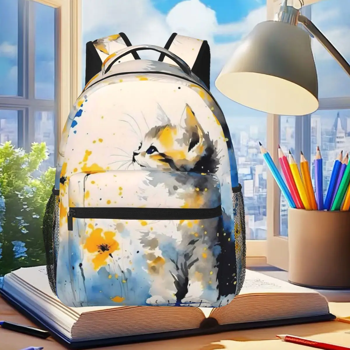 

Oil Painting Kitten And Yellow Flower Backpack Student Boys Girls BookBag Kids School Bag Laptop Shoulder Bags for Men Women