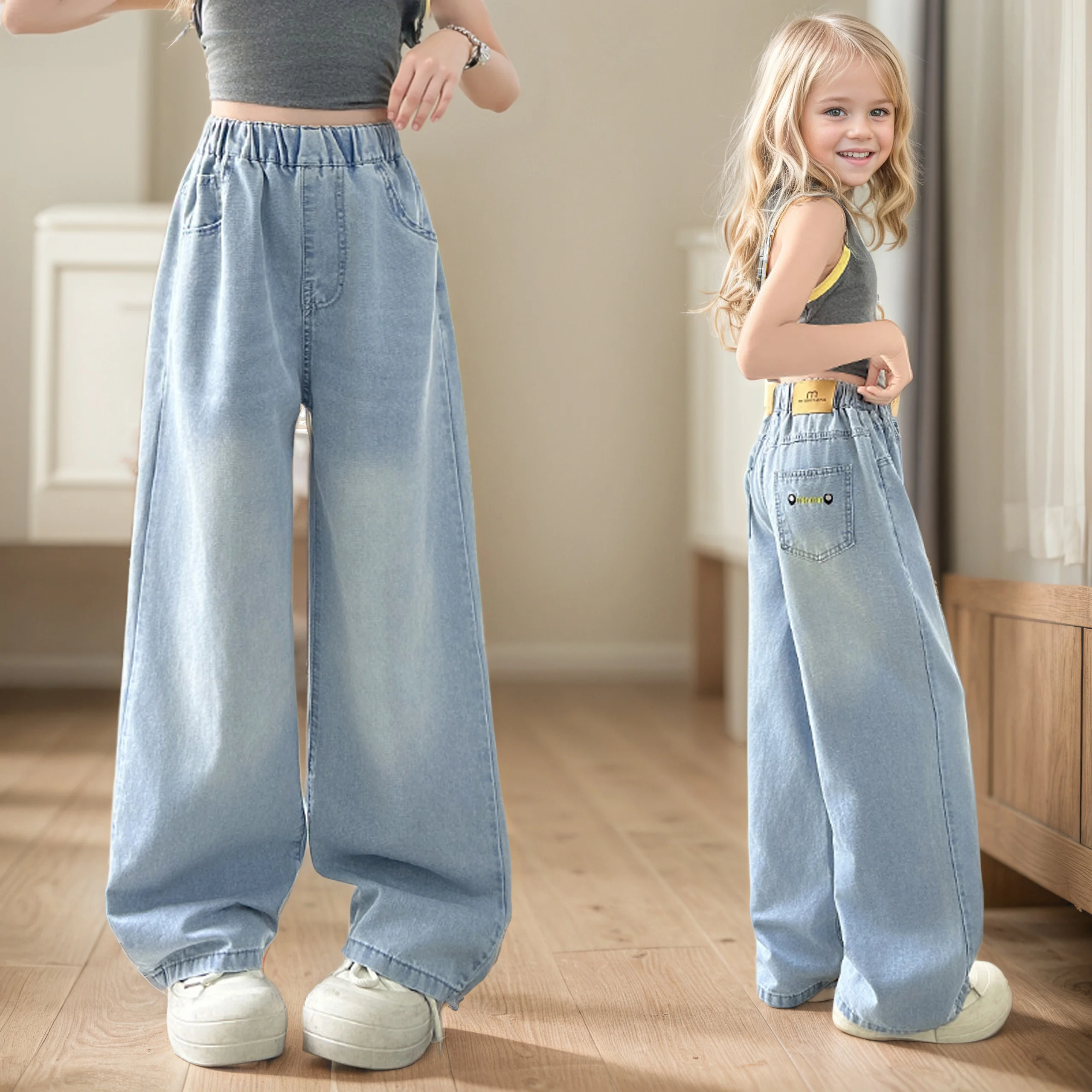 

Широкие брюки Tiansi для девочек с задним карманом, летние тонкие брюки с прямыми штанинами 202, подходящие для уличной одежды, брюки для детей 5–15 лет