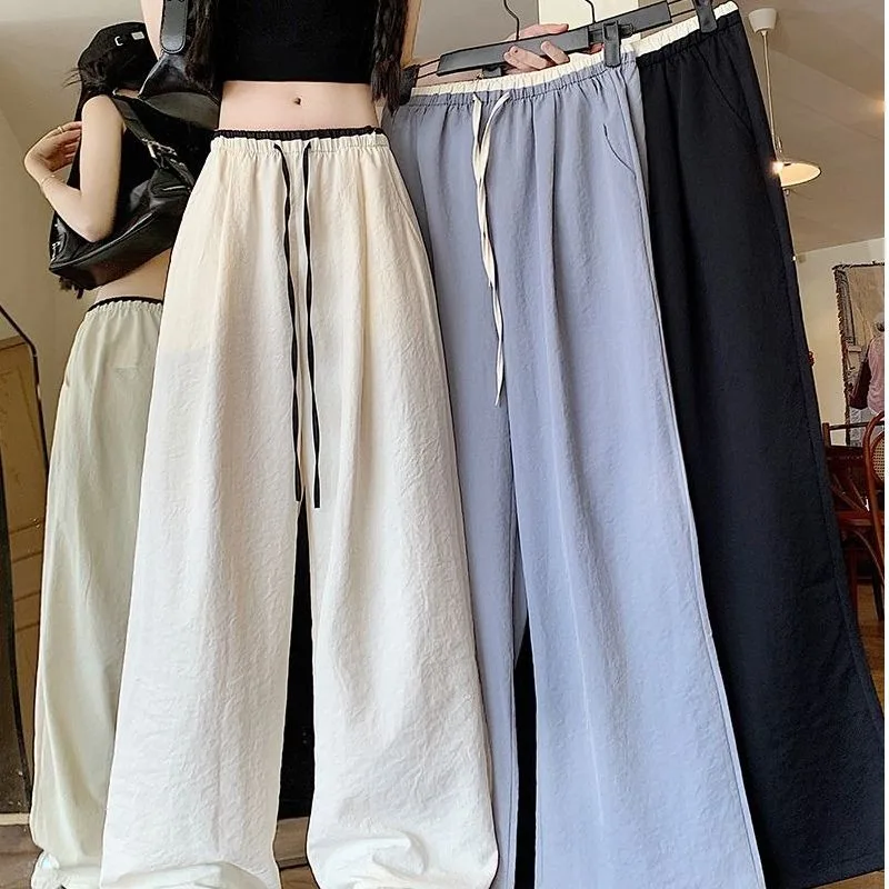 Color-block Ice Silk Wide-leg Pants for Women, Summer Thin New High-waist Loose Small-size Textured Straight Pants