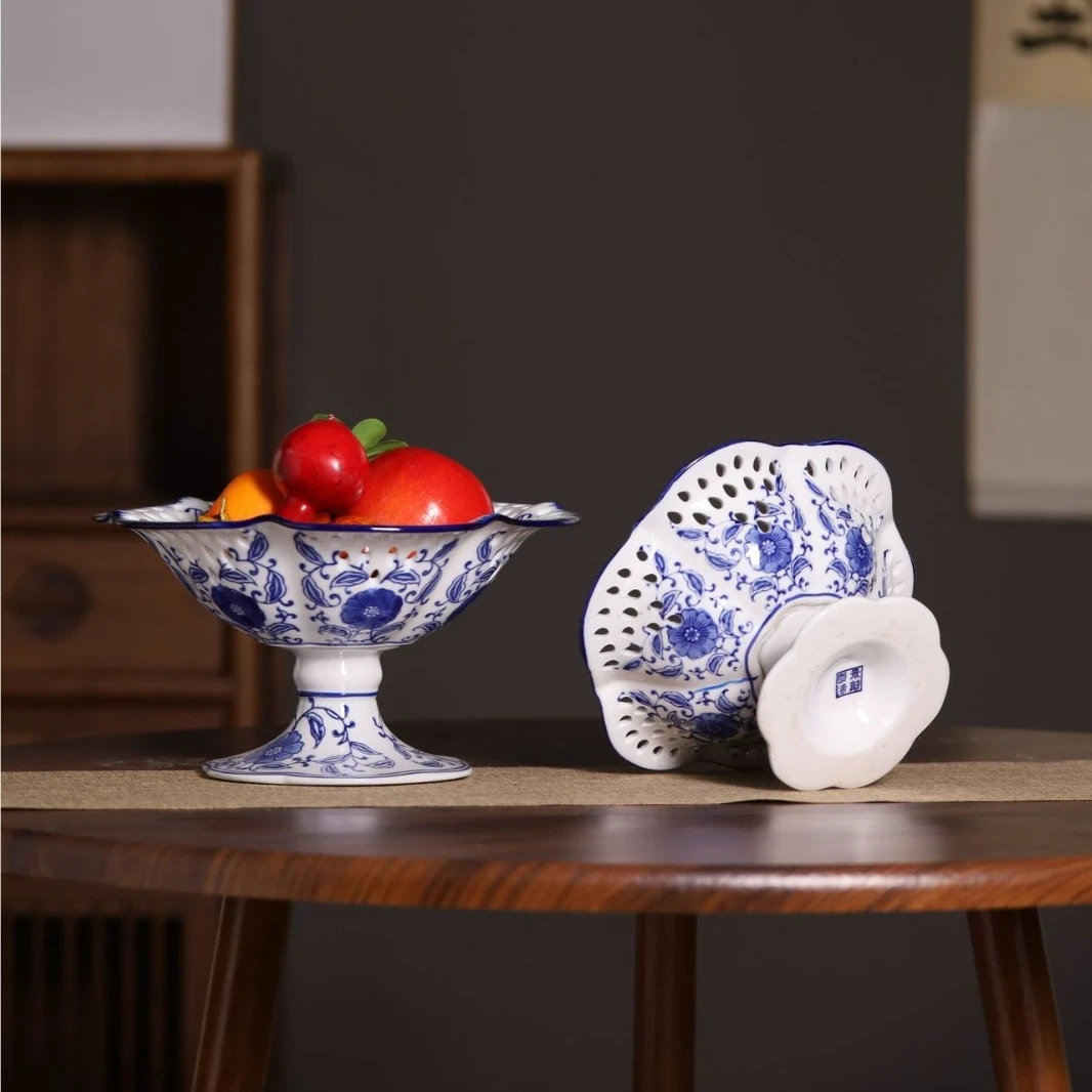 Chinese-style Retro Blue-and-white Porcelain Fruit Tray High-legged Candy Bowl Desktop Storage Container Kitchen Organizer