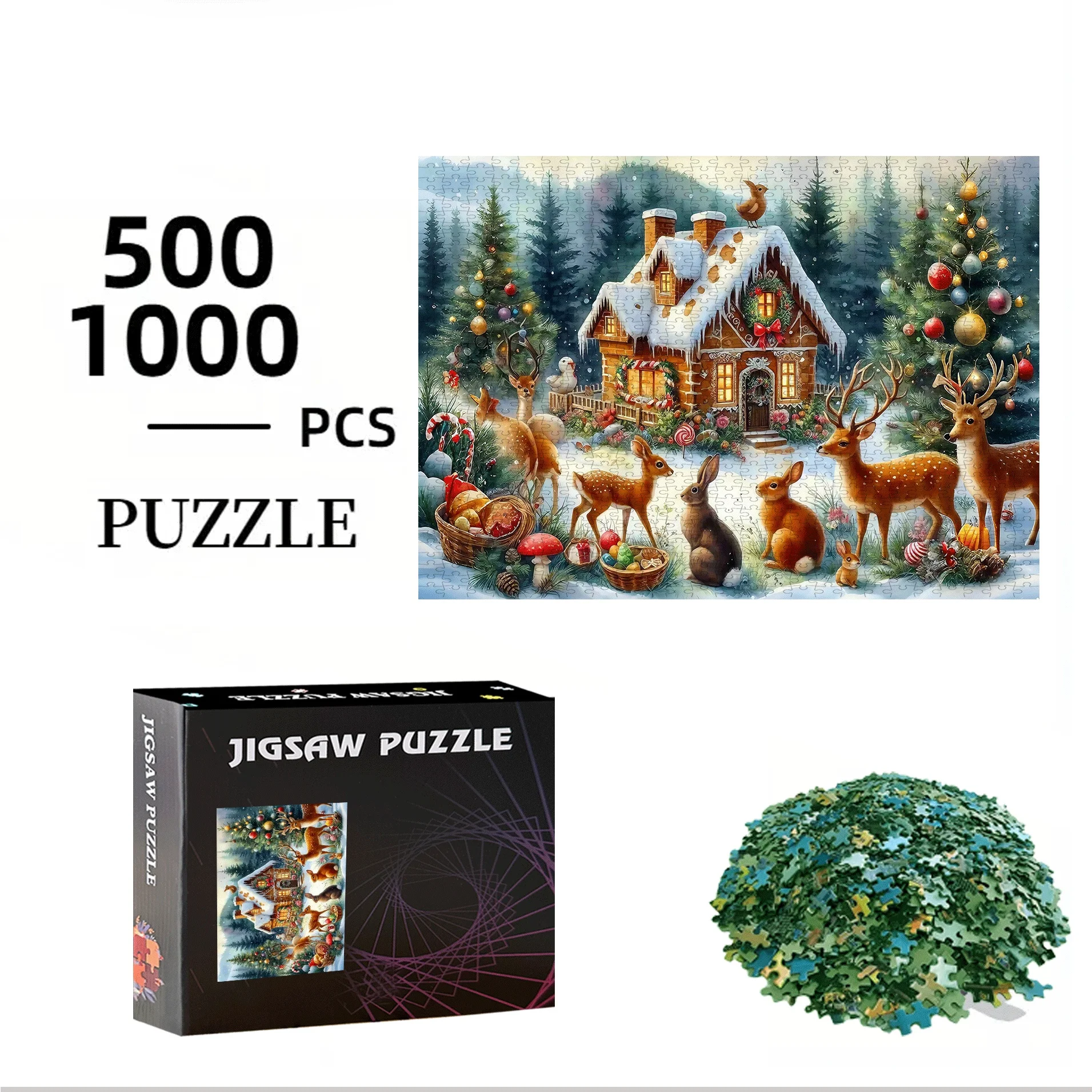 500/1000pcs Large Winter Village Jigsaw Puzzle with Snowy Houses, Deer & Castle - Challenging Intermediate Level, Vibrant Colo